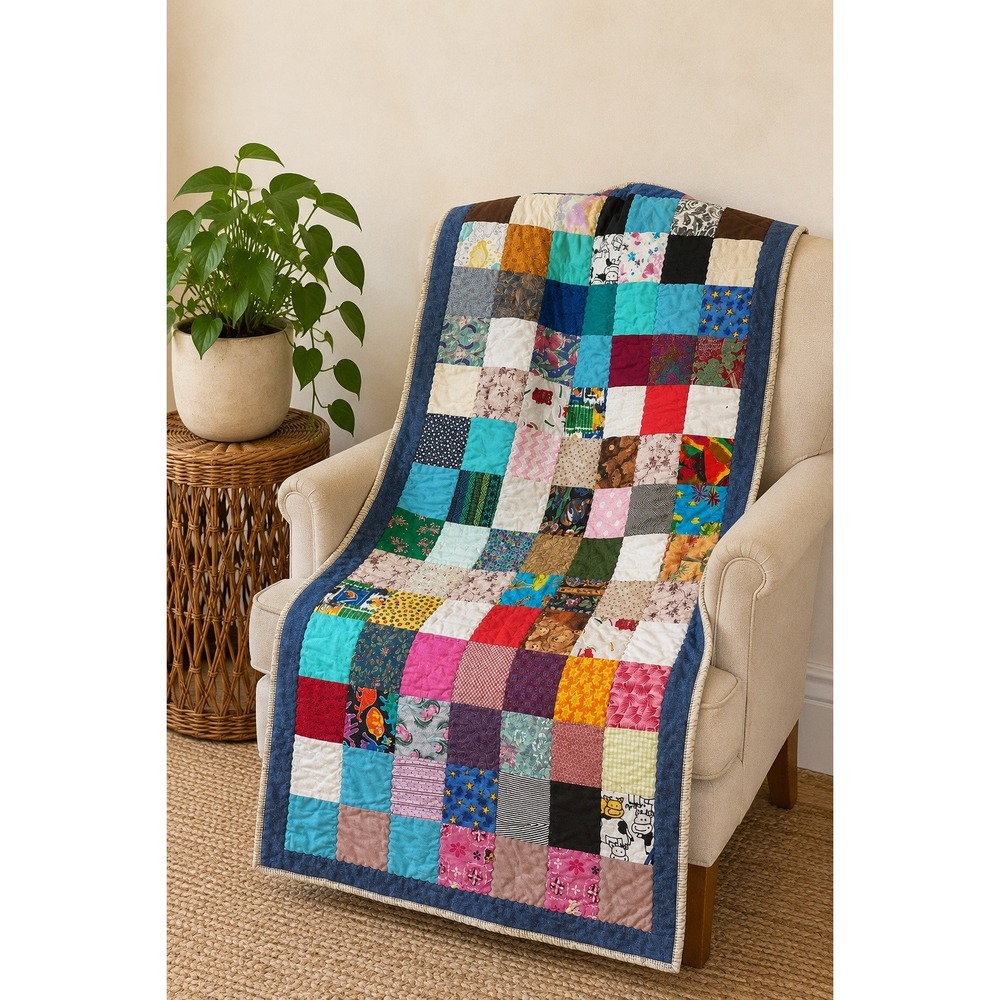 Handmade Patchwork Memory Quilt Throw Child Blanket Fleece Sports Back Bright